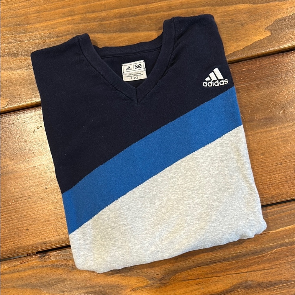 Adidas Blue V-Neck Sweater with Color-Block Design